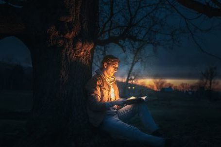 Portrait Lighting - Man Sitting Under A Tree Reading A Book during Night Time